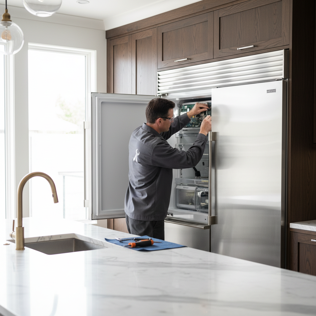 Professional technician diagnosing a premium built-in refrigerator